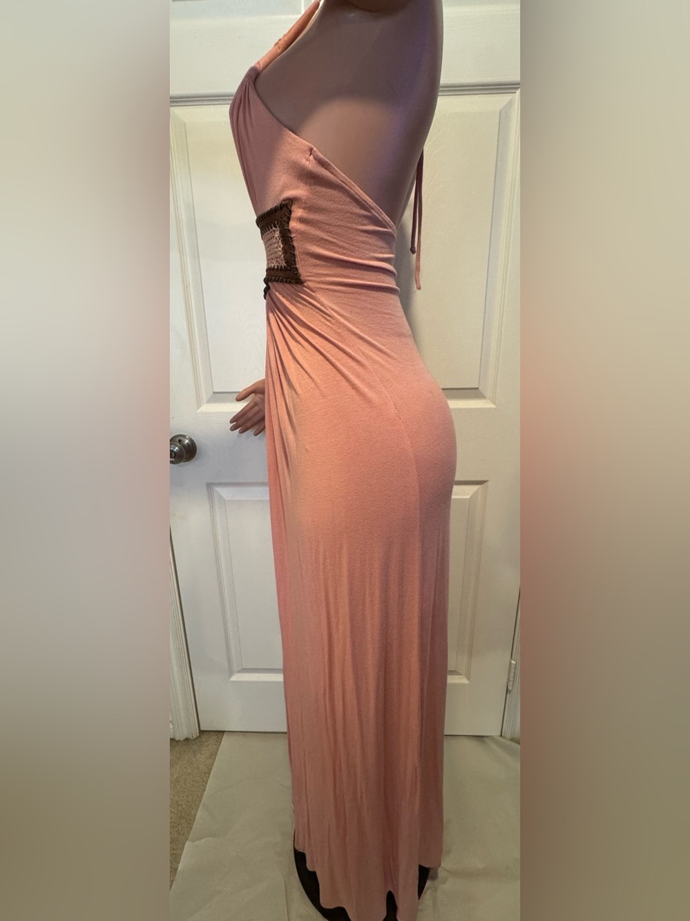 Sky Brand Rose Pink Maxi Dress with Brown Crochet Waist Size S - Picture 4 of 9